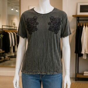 Affliction Womens T-Shirt Gray Lion Crest Embroidered Acid Wash Cut Series M